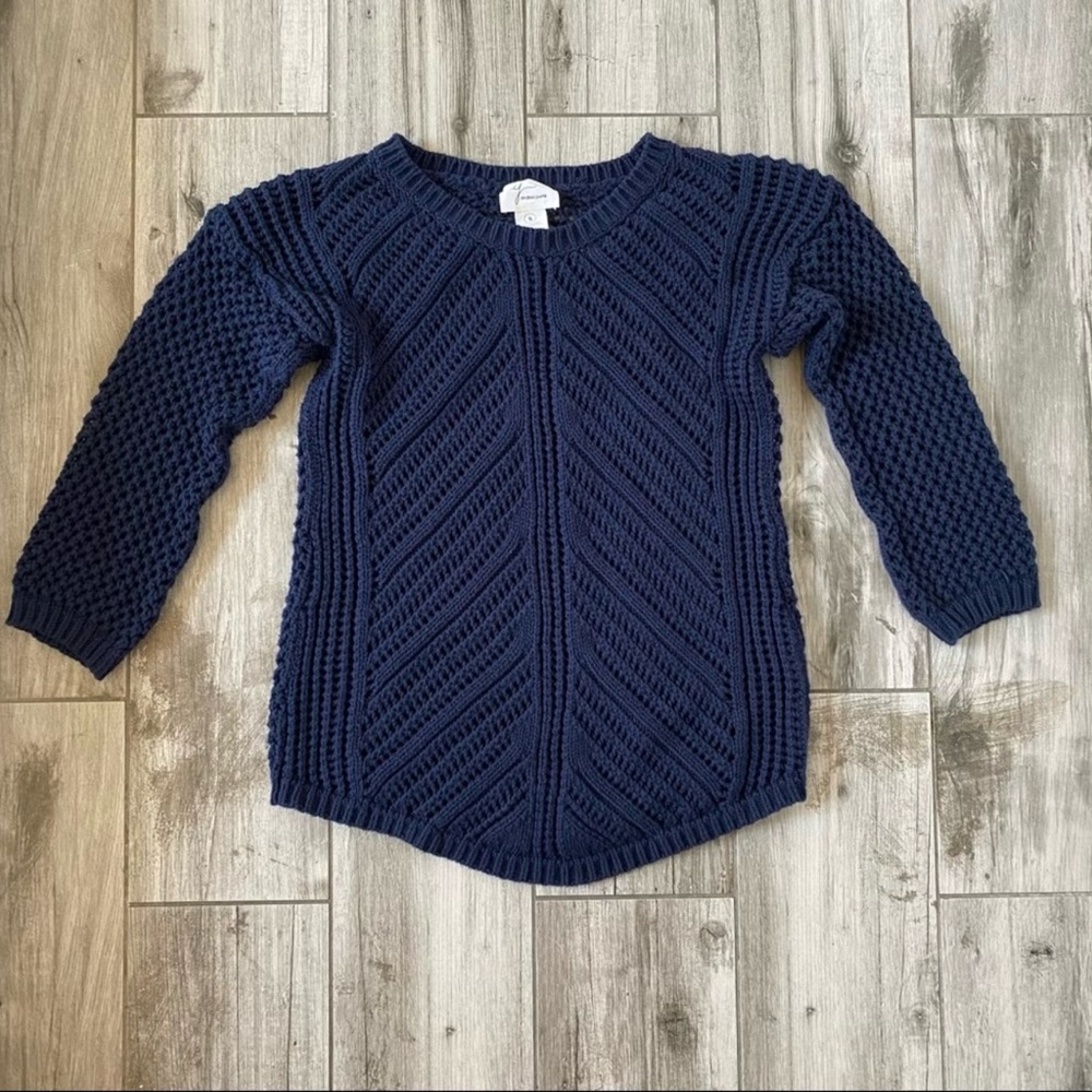 ANDREA JOVINE Open Knit Sweater 3/4 Sleeve Navy Blue Small